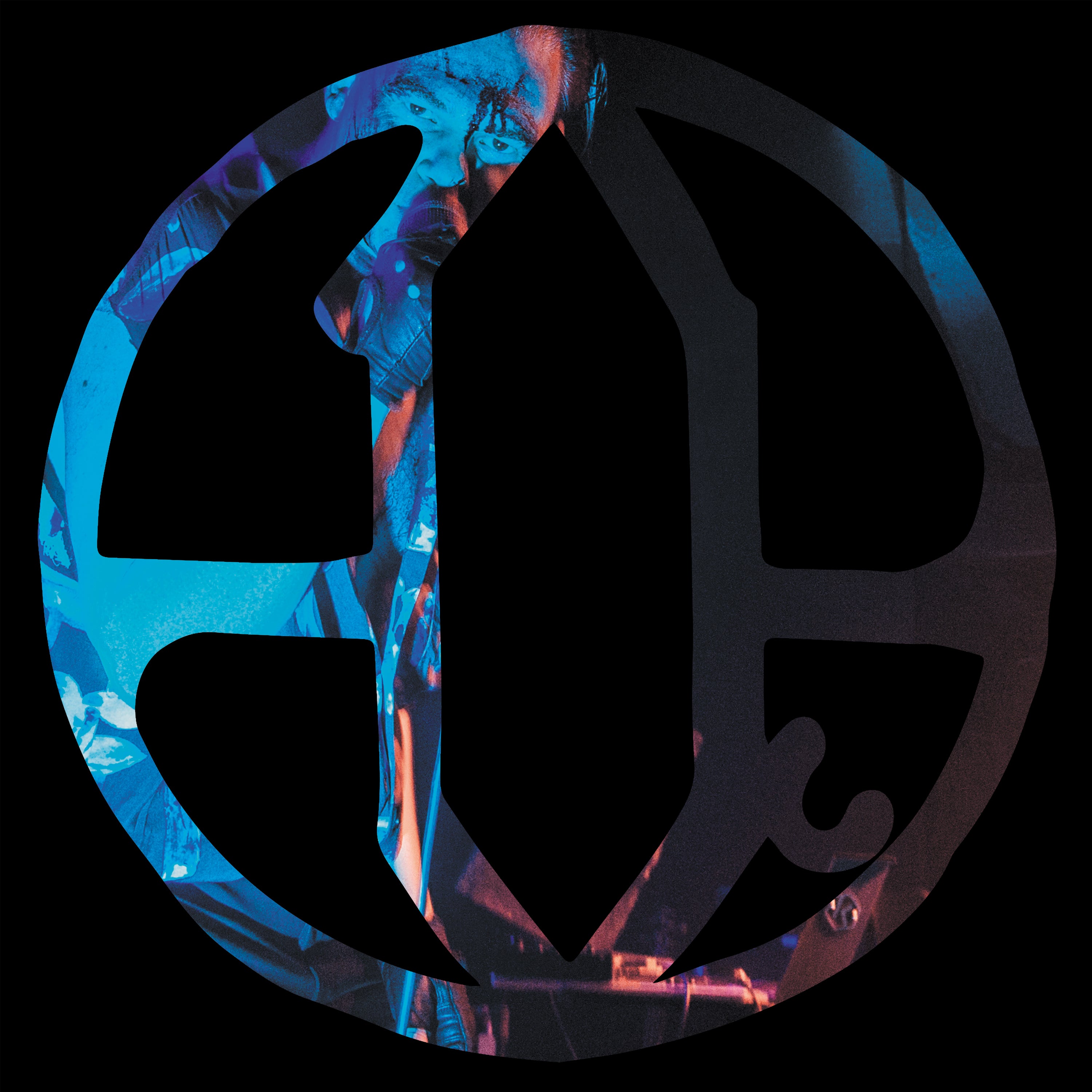 Circular symbol with blue and black design on a black background