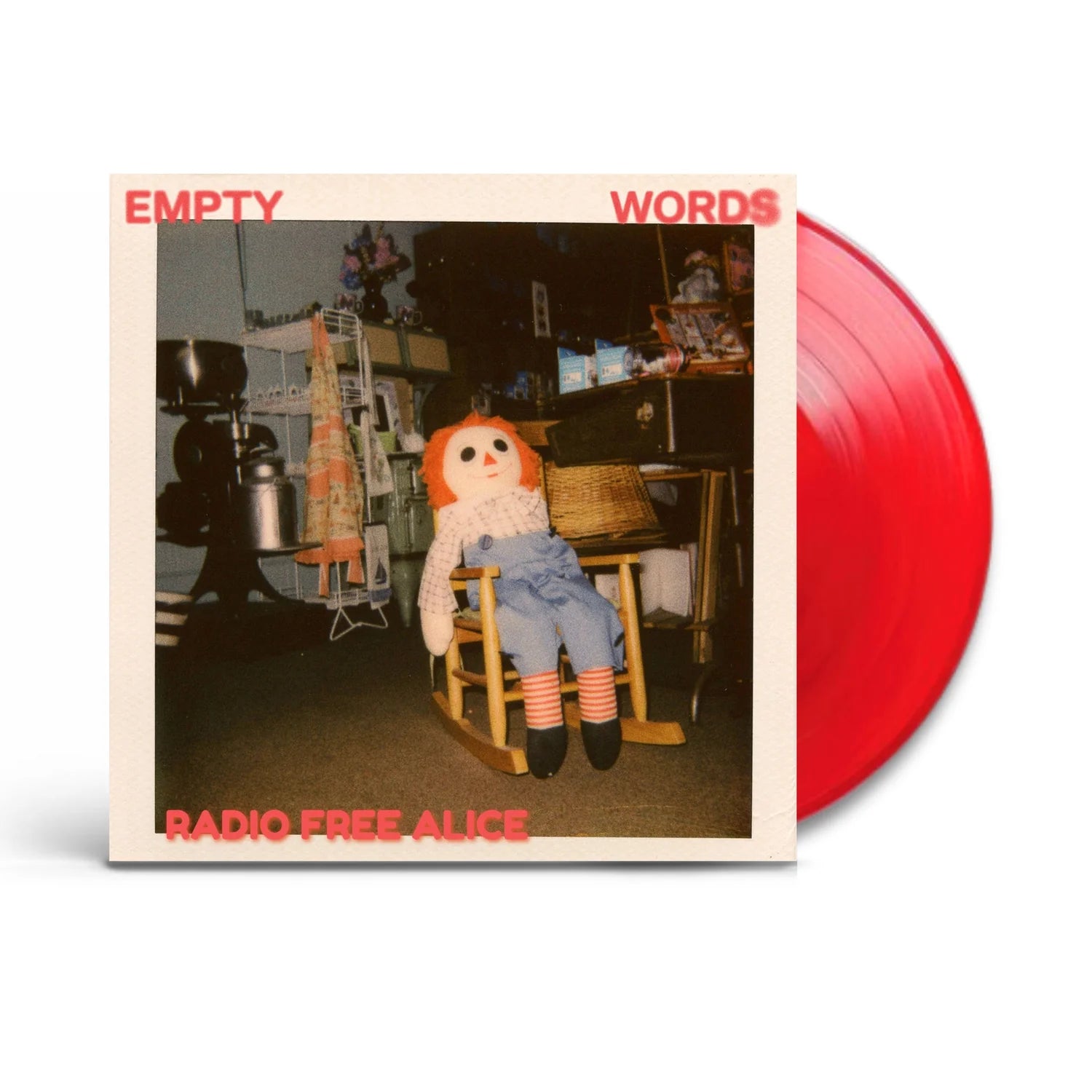 Red Vinyl record with a cover featuring a doll and text 'Empty Words Radio Free Alice' on a white background.