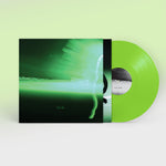 Green vinyl record and cover on a light green background