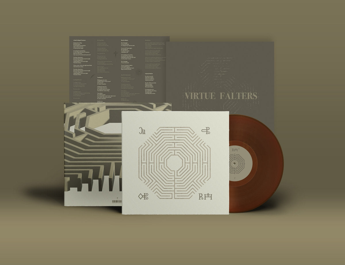 Vinyl record with cover and additional material on a brown background