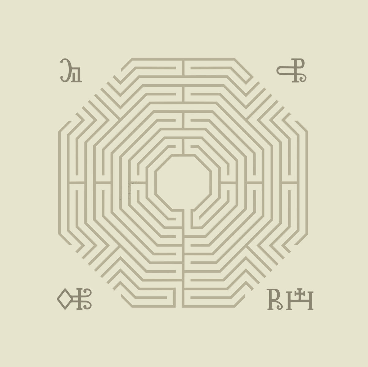 Album cover for Ritual Howl's "Virtue Falters" with a geometric design with maze-like pattern on a beige background
