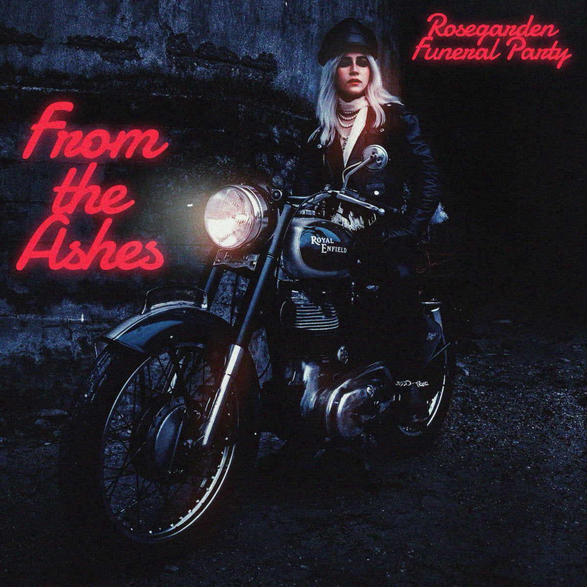 Person sitting on a motorcycle with 'From the Ashes' text and 'Rosegarden Funeral Party' branding.
