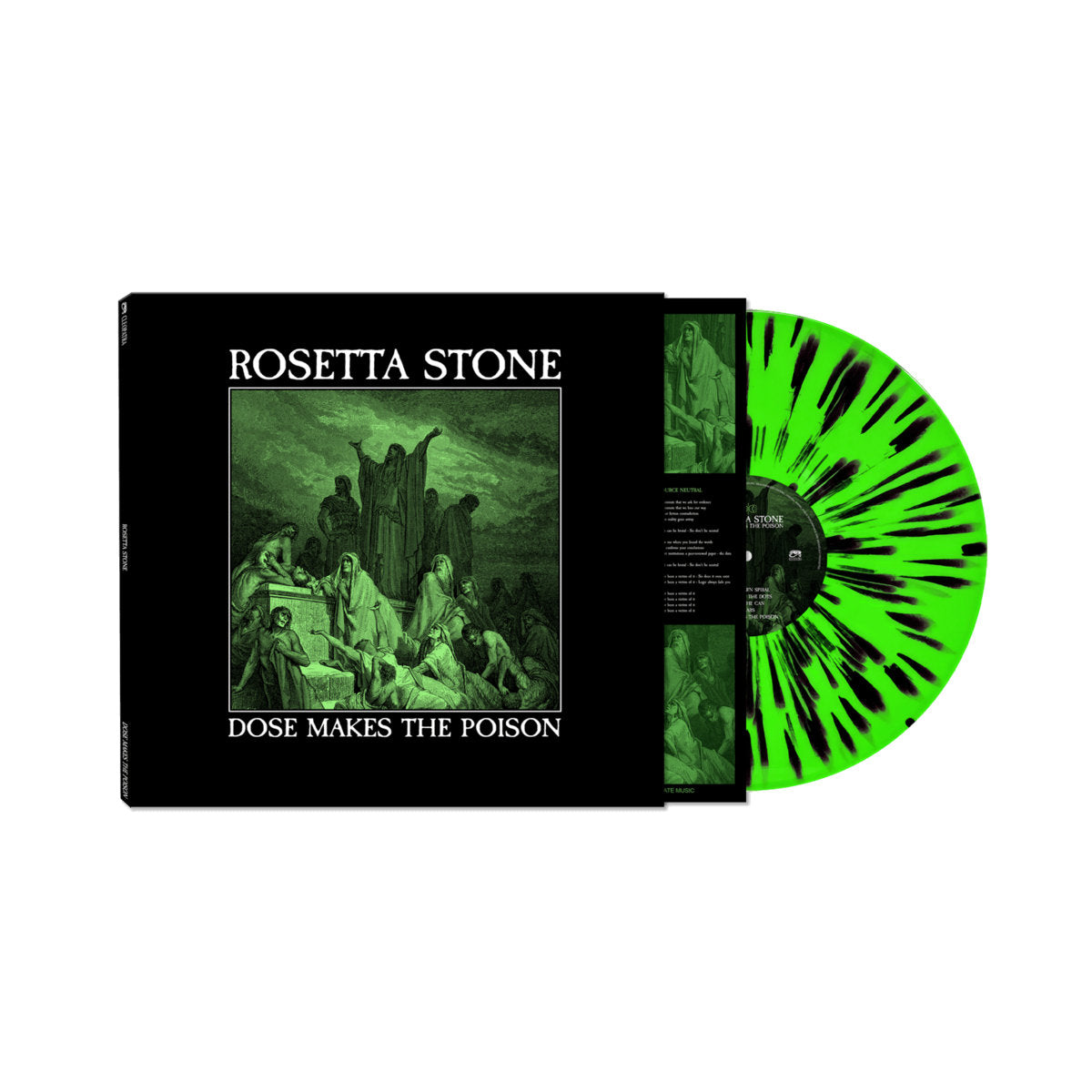 Vinyl record with green and black design and 'Rosetta Stone' album cover on a white background