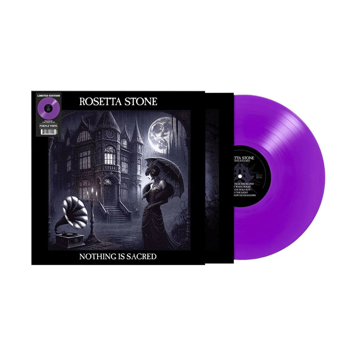 Vinyl record with purple disc and black cover featuring a gothic scene, labeled 'Rosetta Stone Nothing is Sacred'.