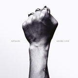 Album cover with a fist wearing rings and text 'Savages' and 'Adore Life' on a white background