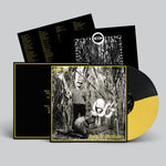Vinyl record with black and yellow design, featuring a cover illustration of two people in a forest setting.