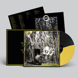Vinyl record with black and yellow design, featuring a cover illustration of two people in a forest setting.