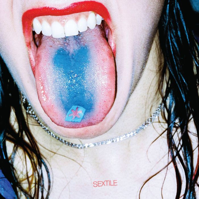 Album cover for Sextile - Push (Limited Edition) with a close-up of a person's open mouth with a blue substance on their tongue, wearing a necklace.