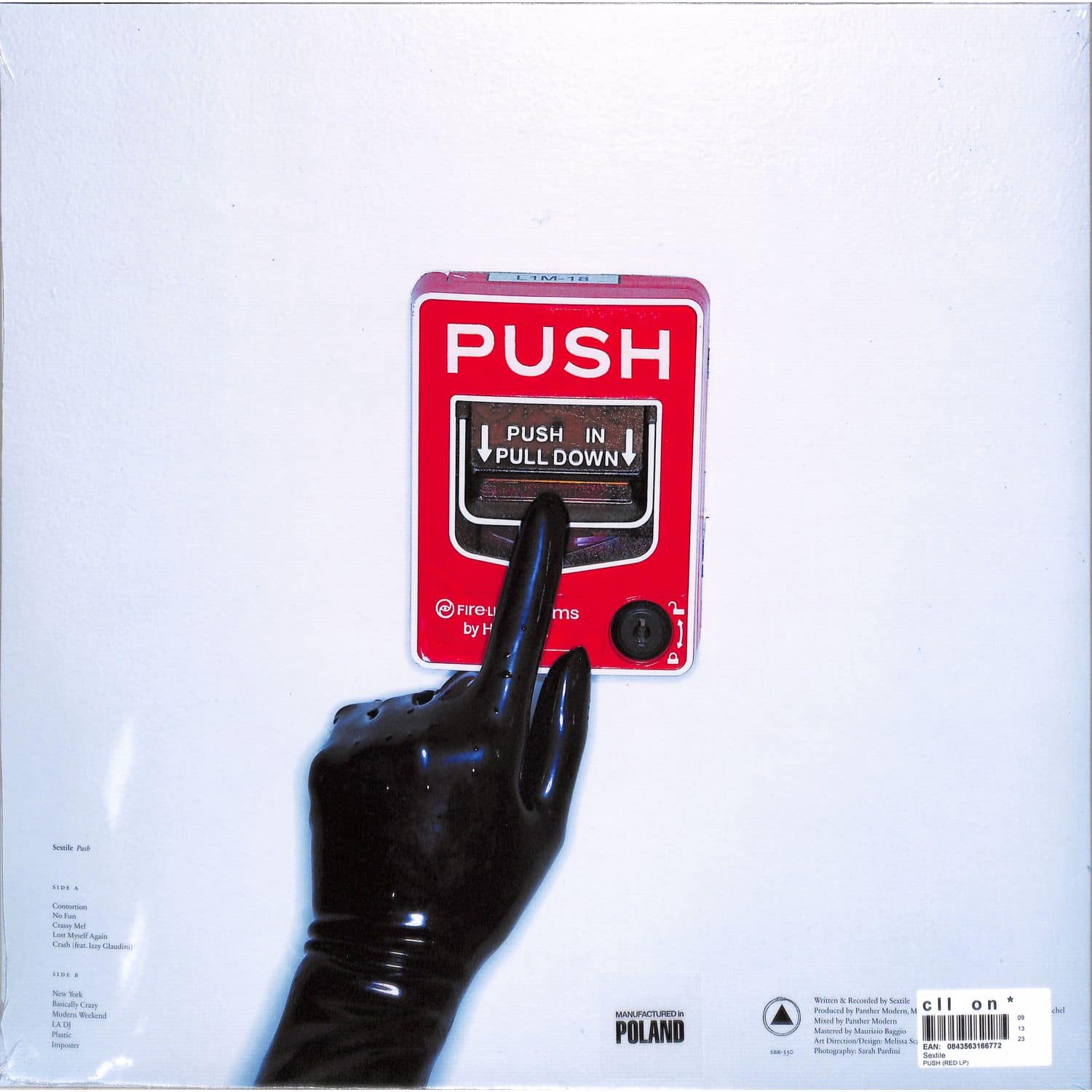 Back of album sleeve for Sextile - Push (Limited Edition) showing a red lever  with a black gloved hand on a white background.