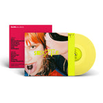 Sextile - yes, please. (Limited Edition) album with a close-up of a person with red hair and a person with sunglasses, back cover showing track list, and yellow vinyl record. 