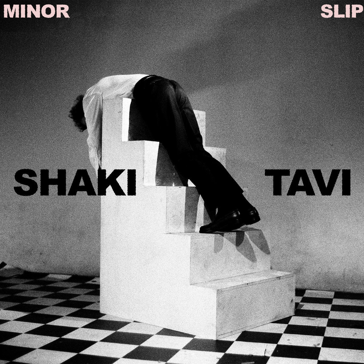 Album cover for Shaki Tavi's "Minor Slip", with a person climbing stairs, text overlay, and checkered floor.