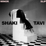 Album cover for Shaki Tavi's "Minor Slip", with a person climbing stairs, text overlay, and checkered floor.