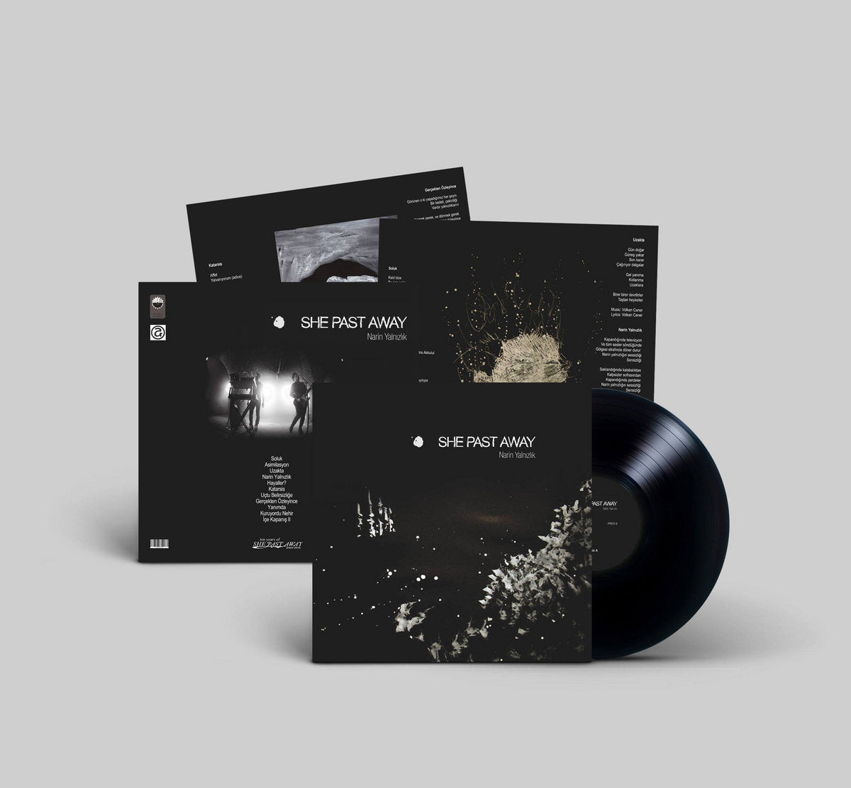 She Past Away - Narin Yalnizlik (Limited Edition) black vinyl record with black cover featuring artistic designs and text, back cover and inserts