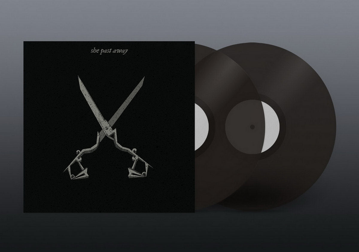 She Past Away - X (Limited Edition) album cover with a pair of crossed scissors on a black background and 2 black vinyls.