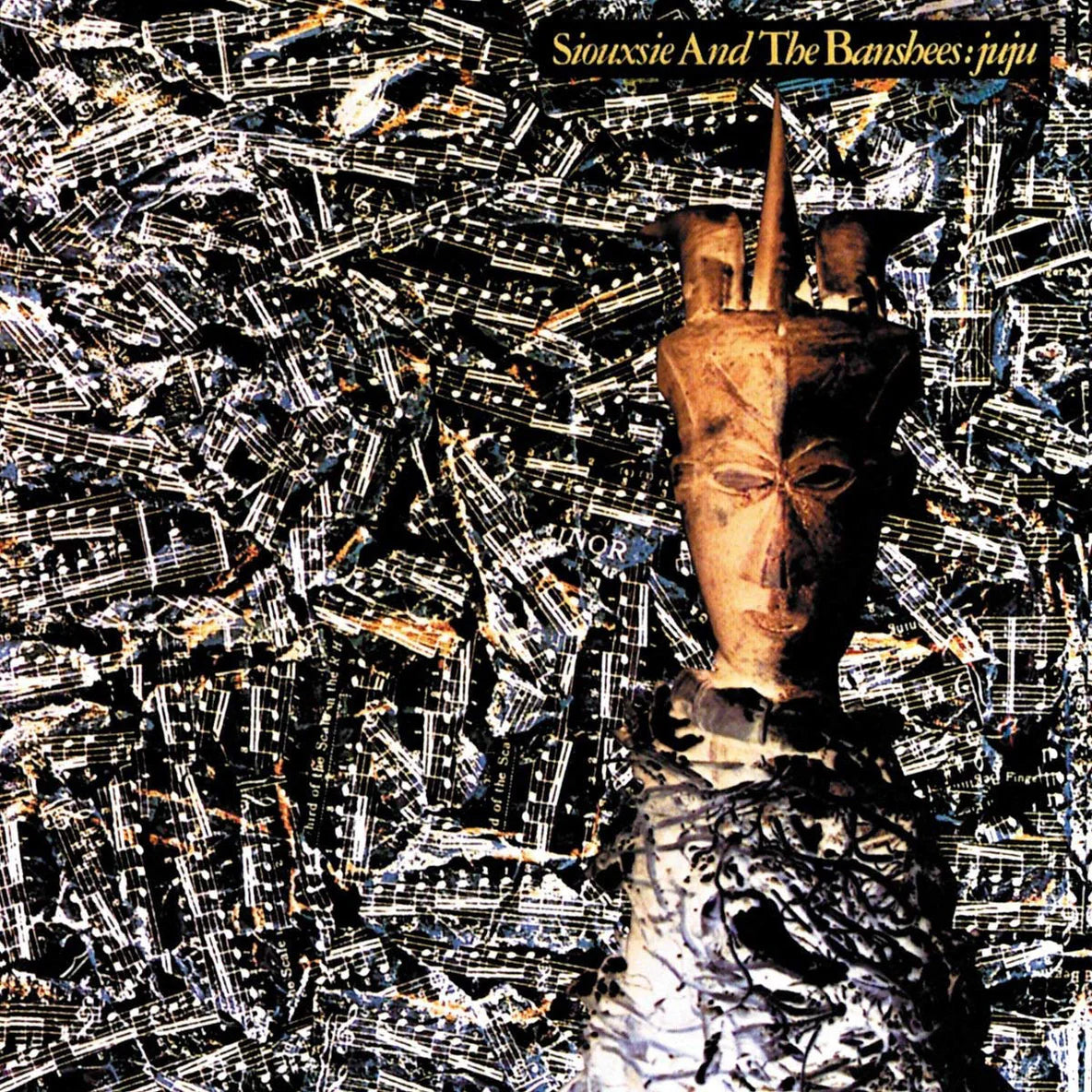 Album cover with a face sculpture and music bars, featuring the text 'Siouxsie and the Banshees: Juju'.