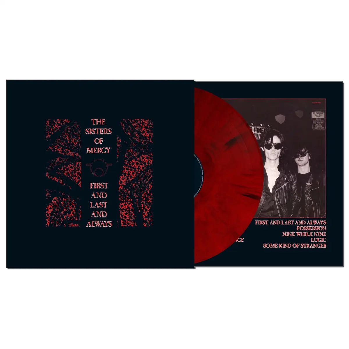 The Sisters of Mercy - First and Last and Always red vinyl record with black cover featuring red text and a black and white photo of two people.