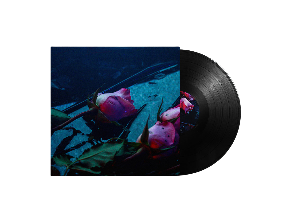 Skeleton Hands - Wake album cover pink roses underwater with a dark blue background and a black vinyl record.