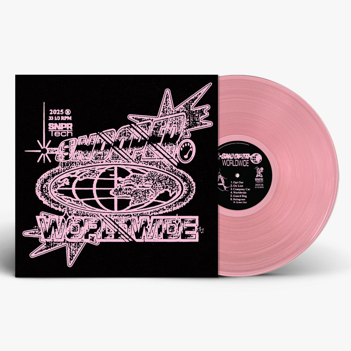 Pink vinyl record with black cover featuring 'Worldwide' design on a white background