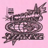 Vintage-style logo with text and graphics on a pink background