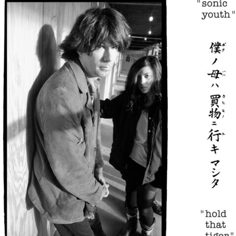 Sonic Youth - Hold That Tiger album cover with a black and white photo of two people standing close together with text on the sides.