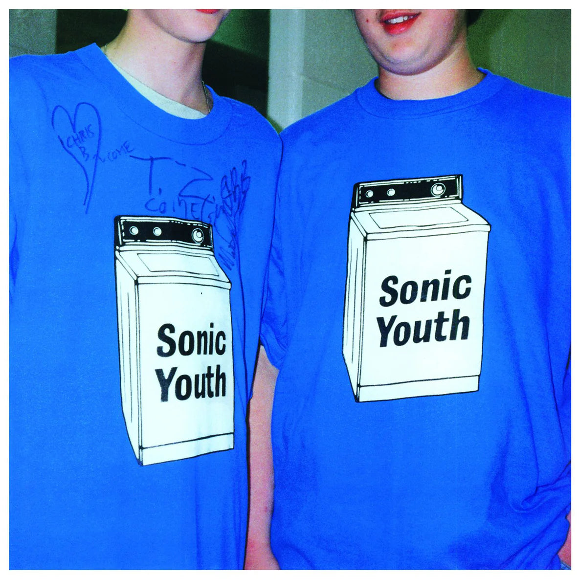 Sonic Youth - Washing Machine album cover showing two people wearing blue t-shirts with Sonic Youth washing machine graphic design.