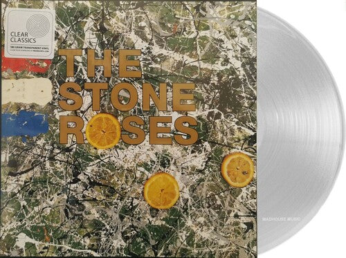 Clear vinyl record with 'The Stone Roses self titled' album cover featuring a textured design and lemon slices.