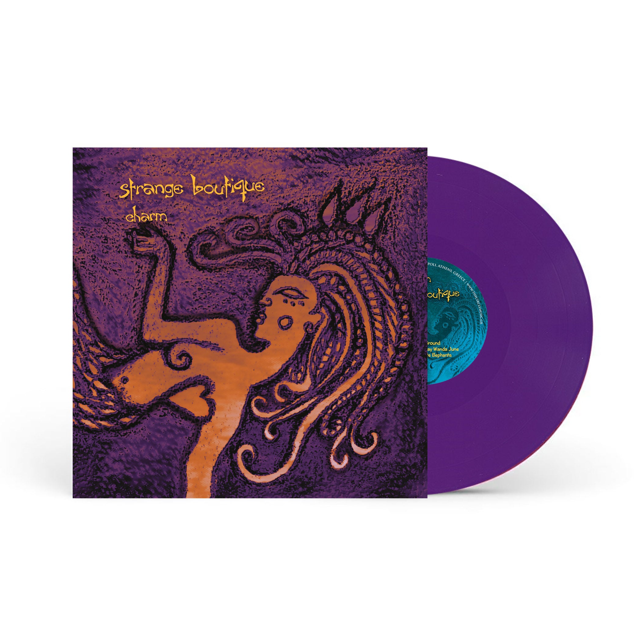 Purple vinyl record with artistic cover featuring a stylized figure and 'strange boutique' text.