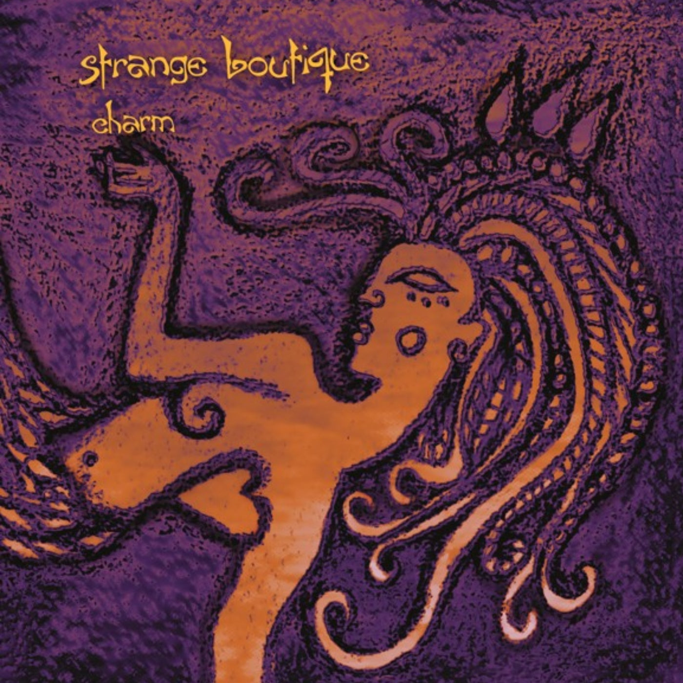 Artistic depiction of a figure with intricate designs on a purple background, featuring the text 'strange boutique charm'.