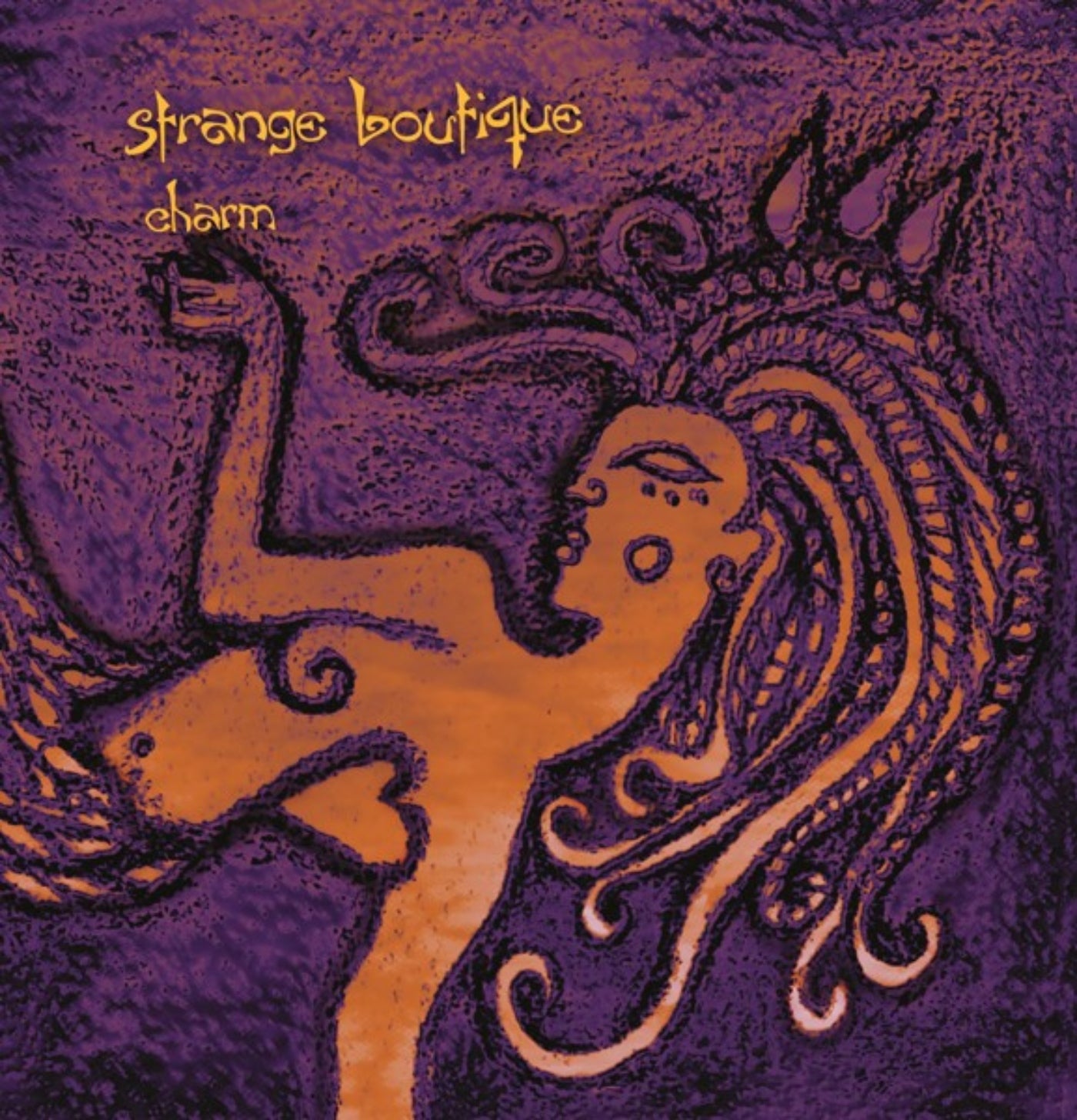 Artistic depiction of a figure with intricate designs on a purple background, featuring the text 'strange boutique charm'.