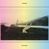 Album cover with a black swan and a person diving into water. Background has  a lake, mountains, and a rainbow gradient.