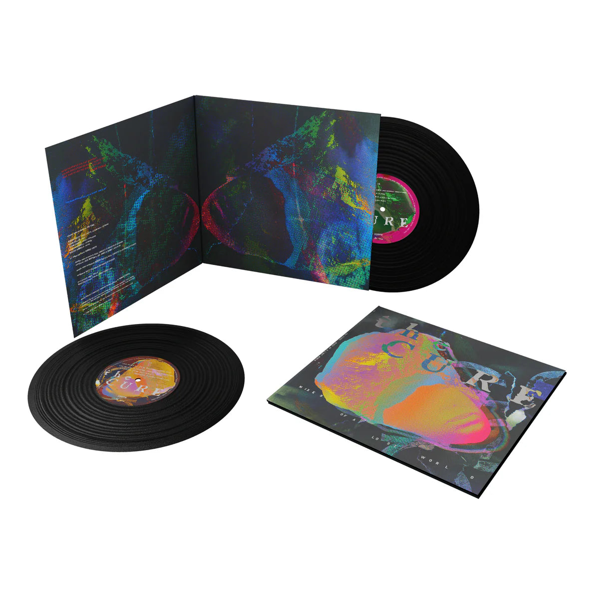 The Cure - Mixes Of A Lost World album cover for 'The Cure' with colorful abstract design, 2 black vinyl albums and insert.