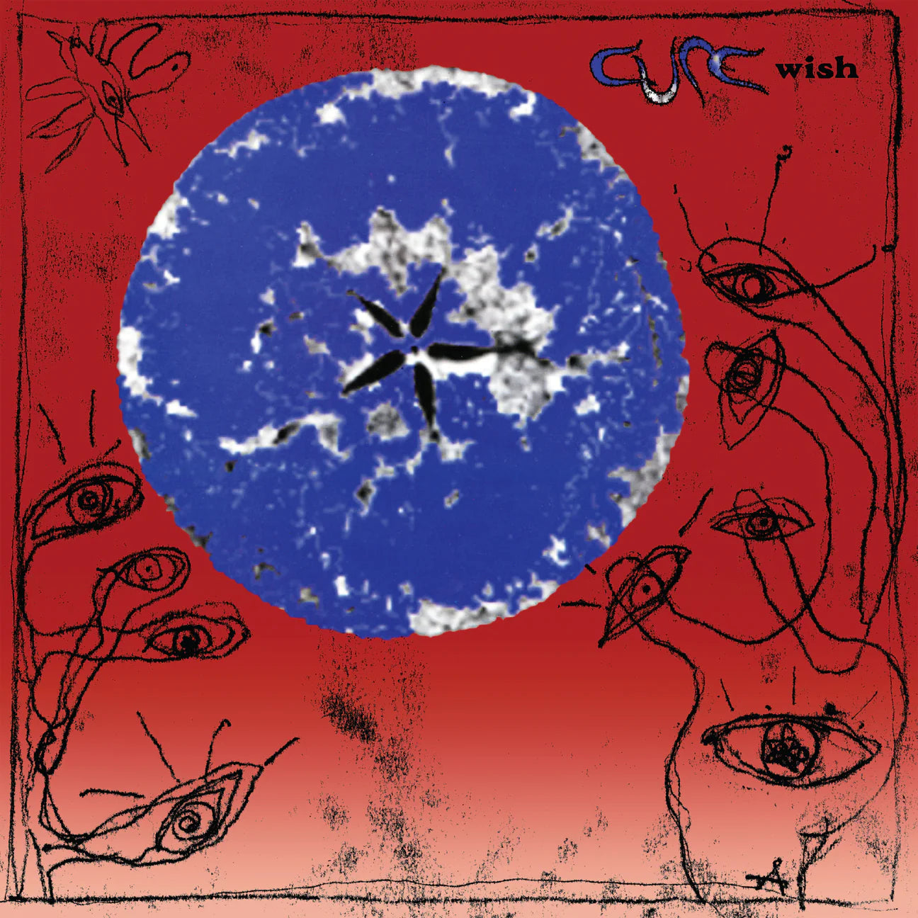 The Cure - Wish (30th Anniversary Edition) album cover with abstract design, blue circle, and red border featuring drawn eyes.