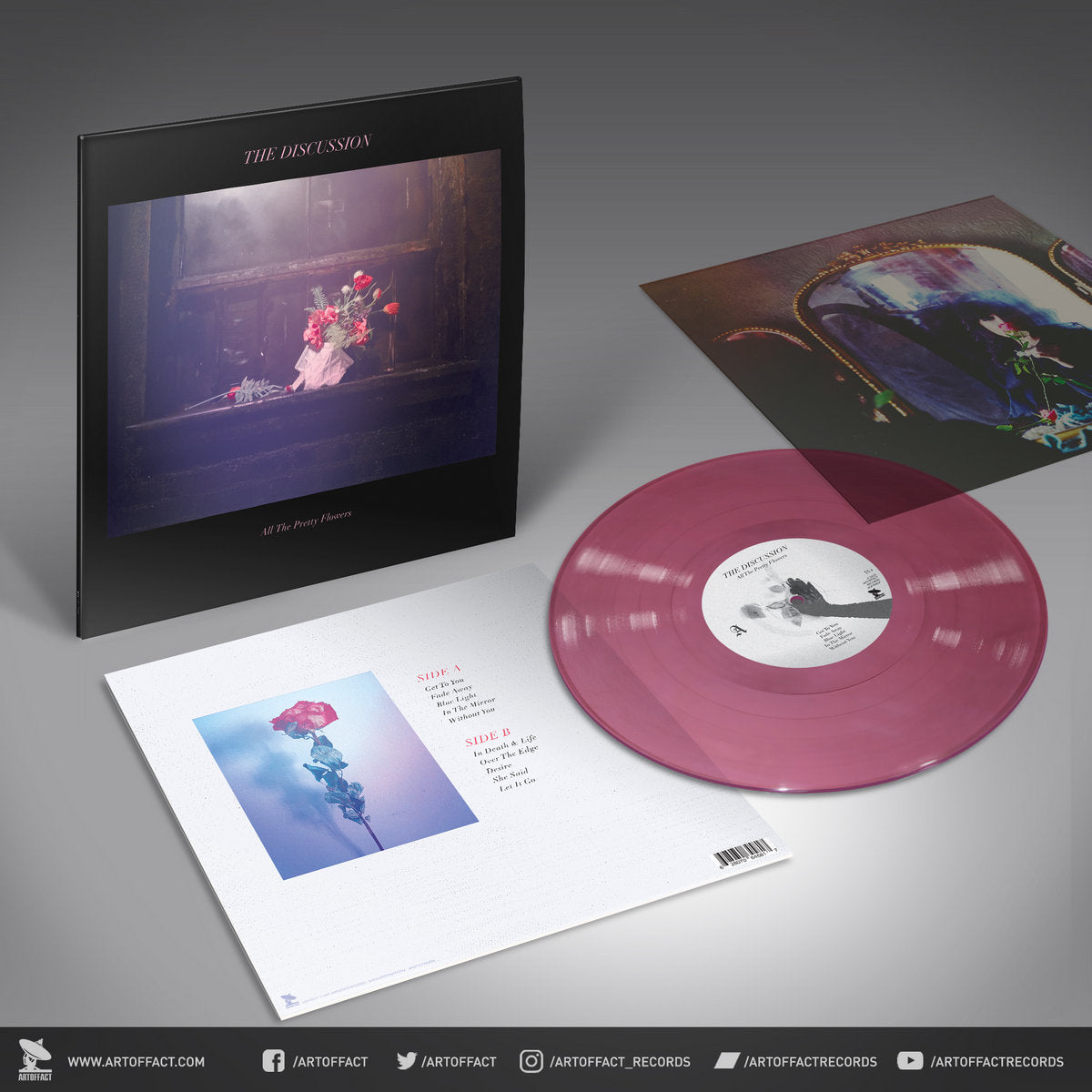 The Discussion - All The Pretty Flowers rose pink vinyl record with inserts and front and back cover. 