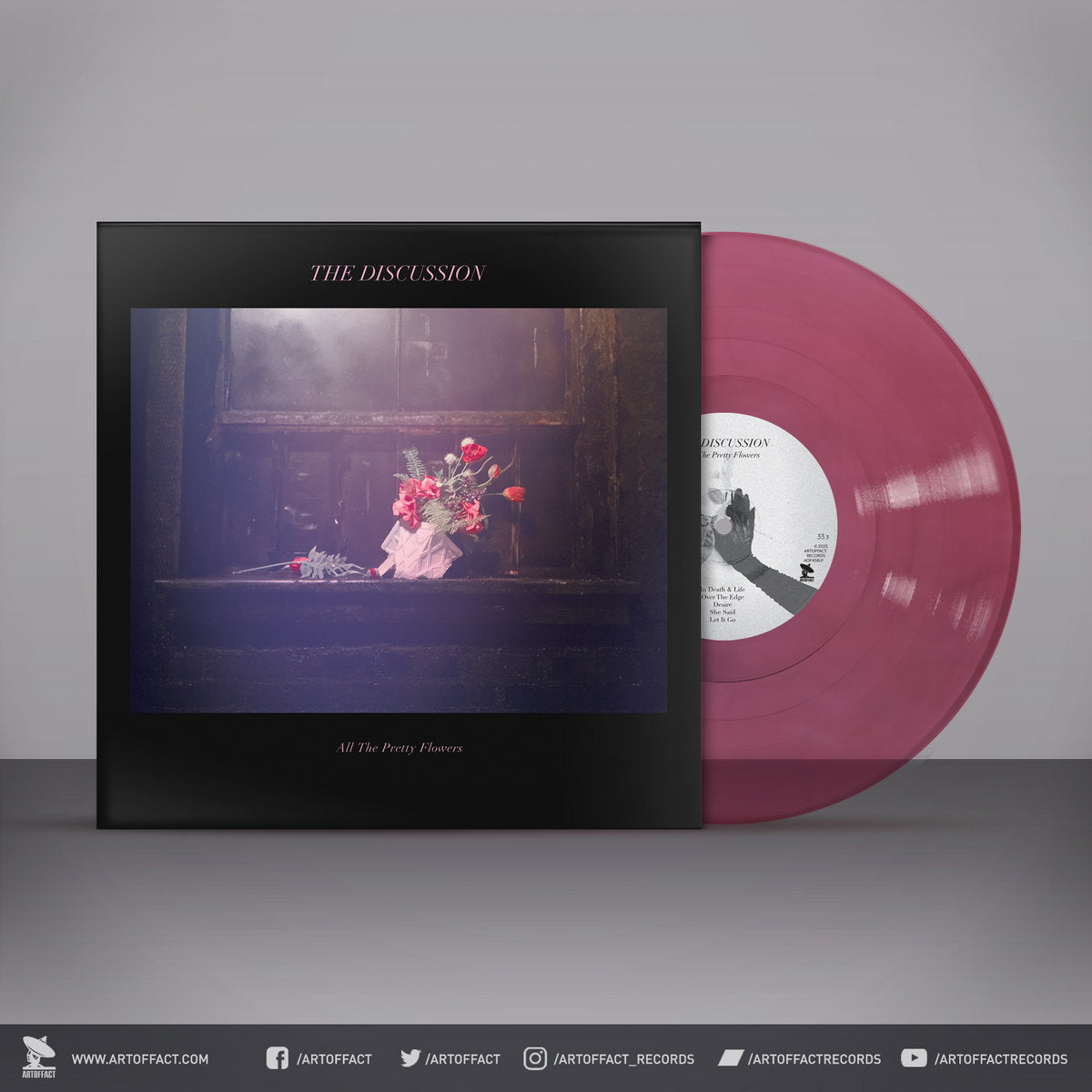 The Discussion - All The Pretty Flowers rose pink vinyl record with cover.