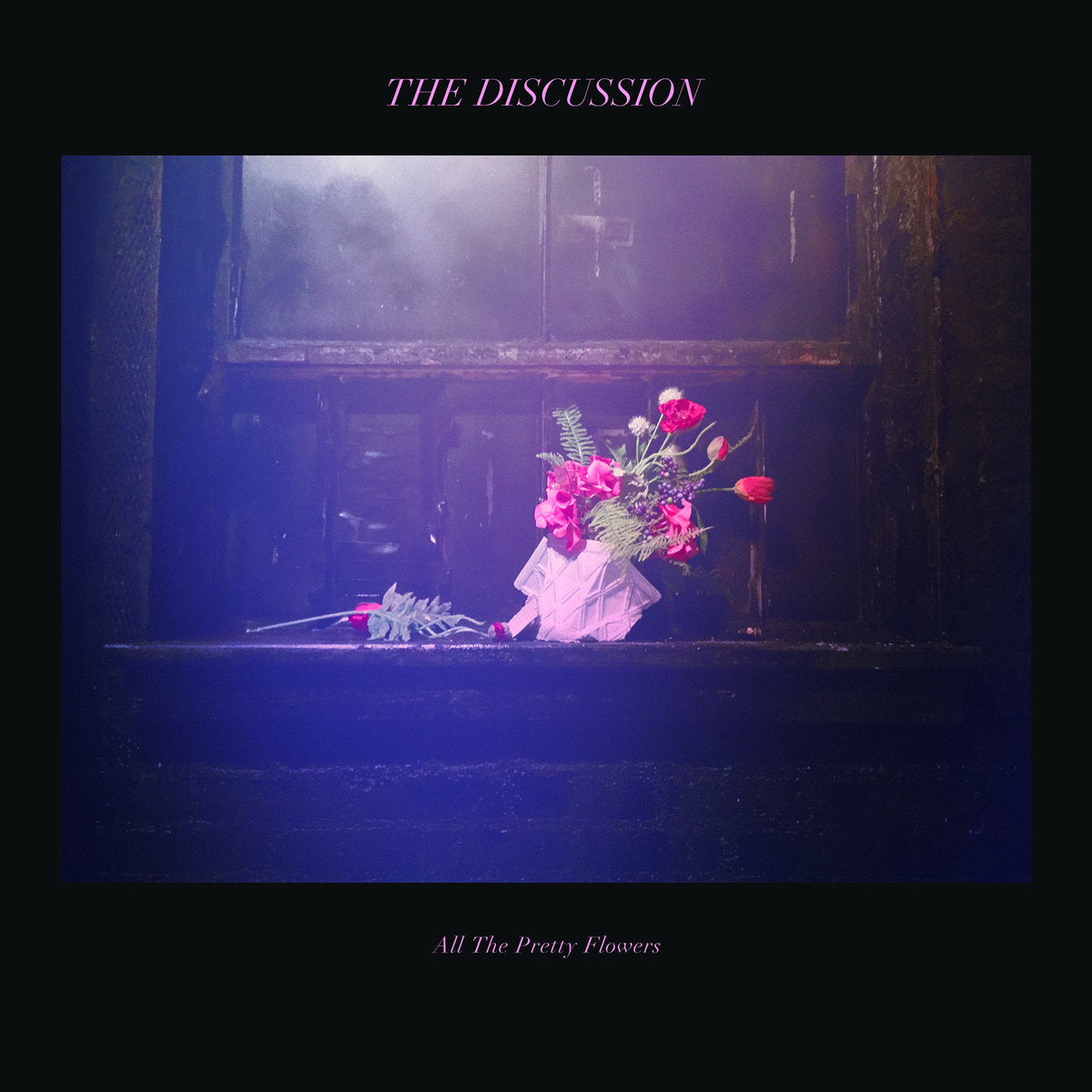 Album cover for The Discussion - All The Pretty Flowers with a floral arrangement on a windowsill in a dark setting.