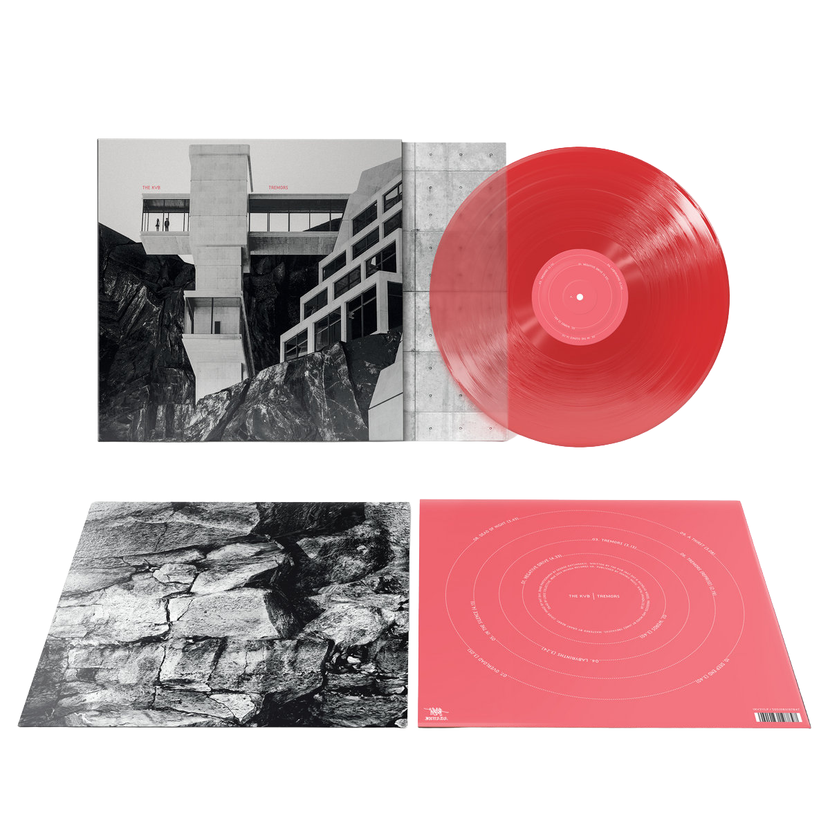 The KVB - Tremors red vinyl record with black and white album front cover, back cover and insert. 