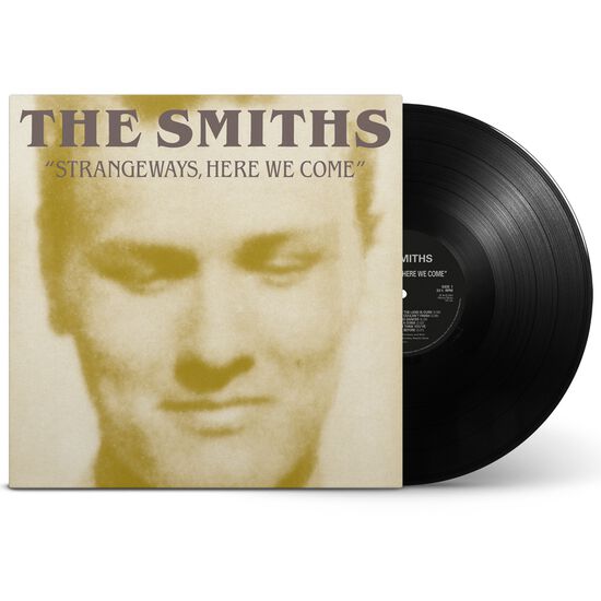 Black vinyl record with 'The Smiths - Strangeways, Here We Come' album cover featuring a portrait and album title.