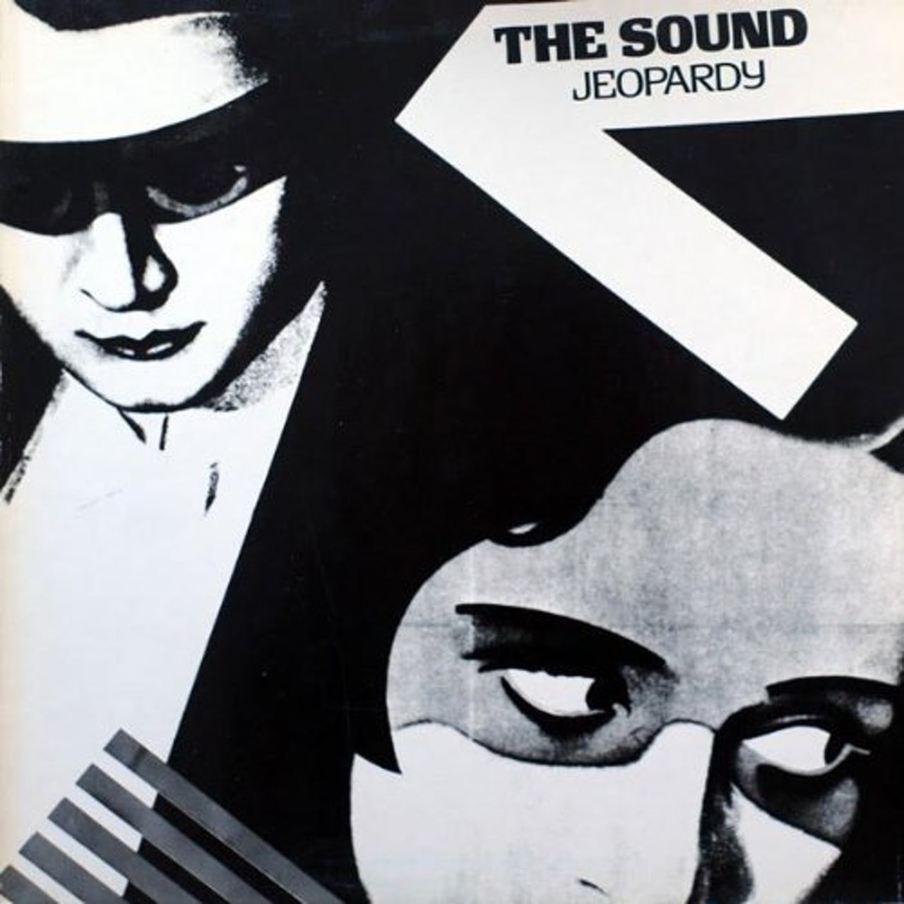 Black and white illustration of a woman with a mask and a man with a hat, with text 'The Sound Jeopardy' above.