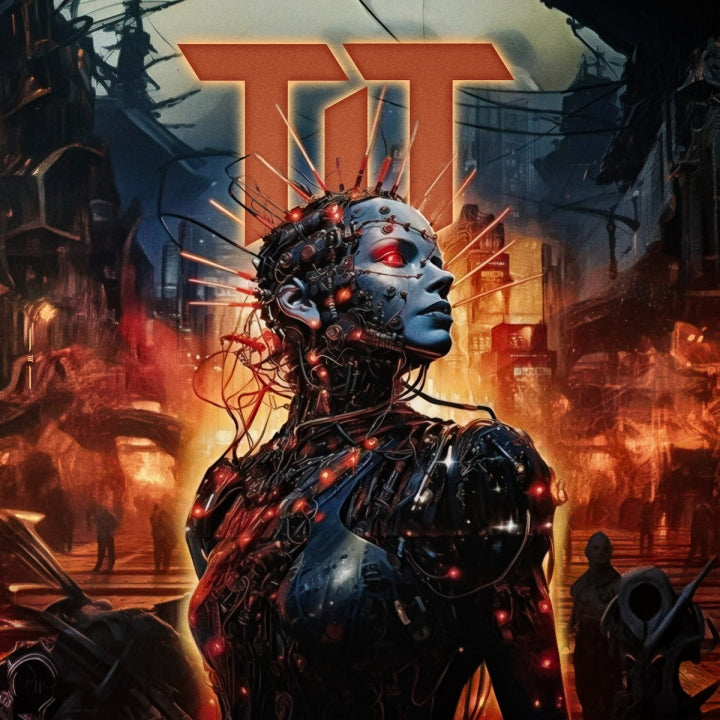 TIT self titled album cover showing a cyborg-like figure with red glowing eyes in a dystopian cityscape