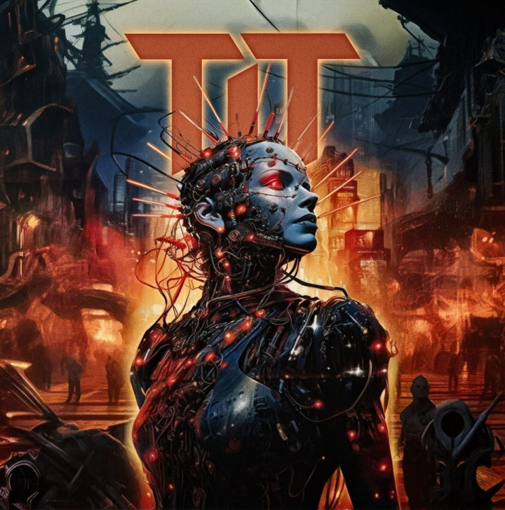 TIT self titled album cover showing a cyborg-like figure with red glowing eyes in a dystopian cityscape