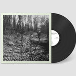 Vinyl record with a black and white cover featuring a forest scene on a gray background