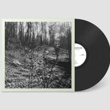 Vinyl record with a black and white cover featuring a forest scene on a gray background