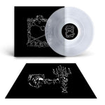 Vinyl record with white disc and black cover featuring artistic designs on a white background