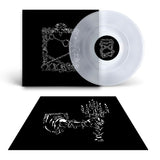 Vinyl record with white disc and black cover featuring artistic designs on a white background