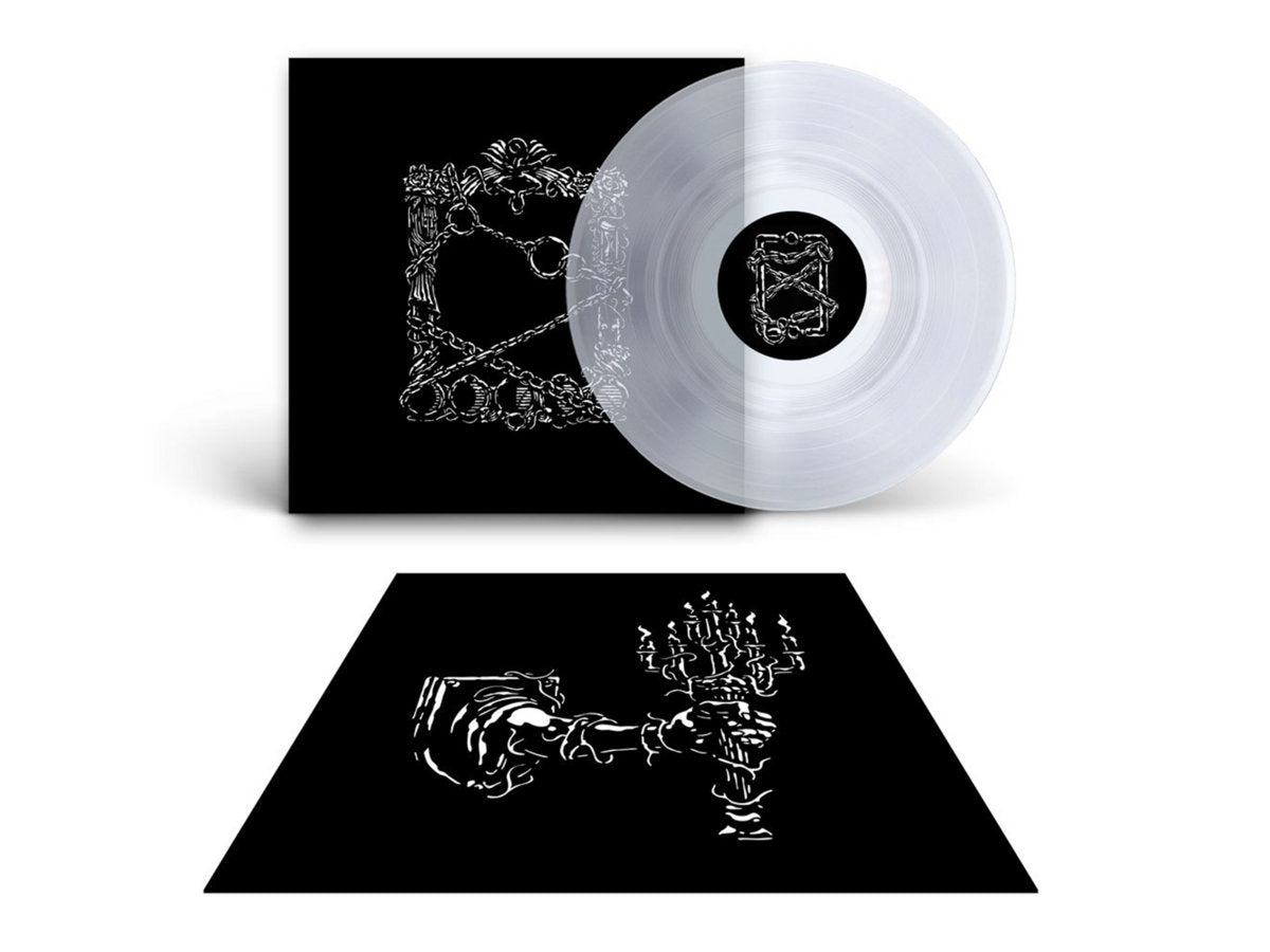 Vinyl record with white disc and black cover featuring artistic designs on a white background
