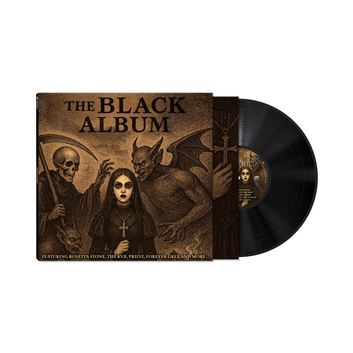 Vinyl record and cover titled 'The Black Album' with gothic design elements.