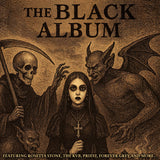 Album cover with a woman, a skeleton, and a demon, featuring text 'The Black Album'.