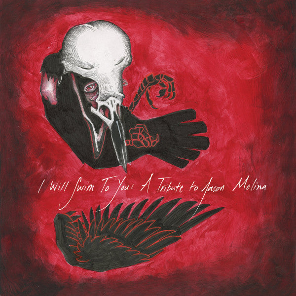 Artistic depiction of a skull and gloved hand on a red background with text.