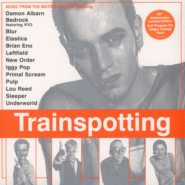 Album cover for 'Trainspotting' featuring a portrait and silhouette images of characters, with a list of contributors.