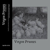 Album cover for 'Virgin Prunes' featuring a black and white illustration of a child with rabbits.